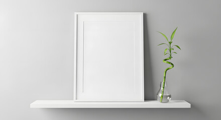 White frame mockup with bamboo plant on shelf