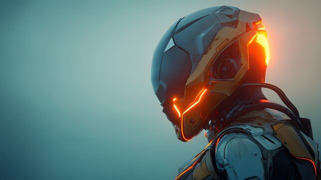 Close up view of a futuristic armored figure wearing a detailed helmet with glowing accents against a muted background - Powered by Adobe