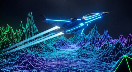 Futuristic neon jet soaring through a vibrant digital landscape with glowing mountains