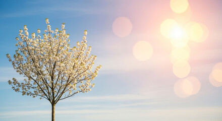 Delicate cherry blossoms bloom on a graceful tree against a serene sky with soft bokeh lights
