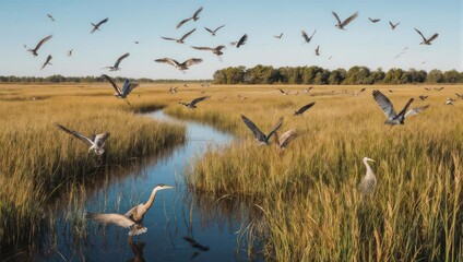 Flock of Geese Migrating Over a Marshy Wetland Landscape at Sunrise.