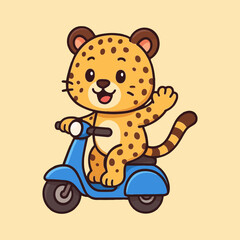Cute Cheetah Riding a Scooter Cheerful Animal on a Blue Motorcycle, Cartoon Illustration