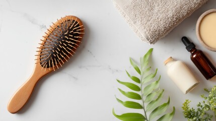 Hair care and wellness essentials are arranged neatly on a light marble surface
