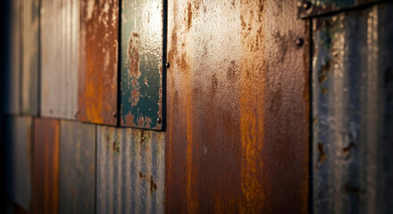 Textured rusty corrugated metal panels create a rustic, industrial backdrop with warm light and shadow.