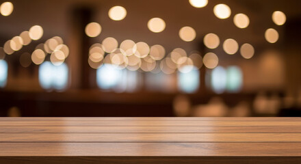 Warm, inviting wooden table surface with soft bokeh lights creating cozy atmosphere for product display