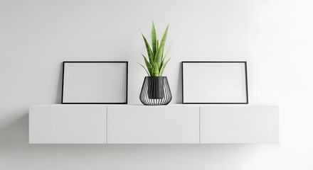 Minimalist home decor with blank frames and plant
