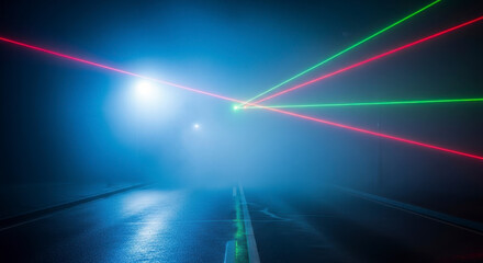 Dynamic laser beams pierce through atmospheric fog over a wet road, creating an electric night scene.