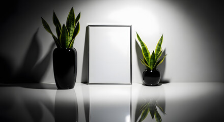 Frame mockup with plants for interior design
