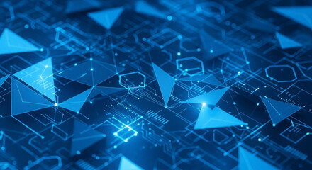 Dynamic abstract blue network connections and geometric shapes creating a futuristic digital data flow