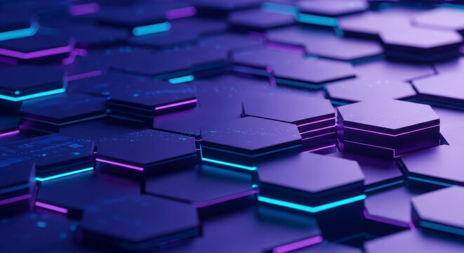 Futuristic glowing hexagons create a vibrant digital landscape for technology and innovation concepts.