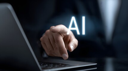 Business professional interacts with glowing artificial intelligence text near a portable computer