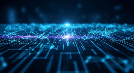 Dynamic abstract network connecting glowing data points in a futuristic digital landscape