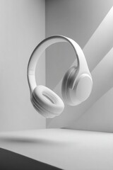 Modern audio listening devices float suspended above a minimalist surface with dramatic lighting