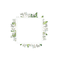 Square decorative watercolor mistletoe berries frame. Wreath in soft green and white for holiday cards with copy space. Ideal for cards or invitations. Simple and elegant design.