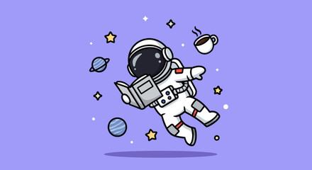 Naklejka premium Astronaut floating in space reading a book, surrounded by planets and stars, with a cup of coffee nearby