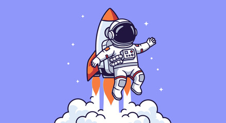Naklejka premium Astronaut riding a rocket ship ascending into the clouds with a bright orange flame against a purple background