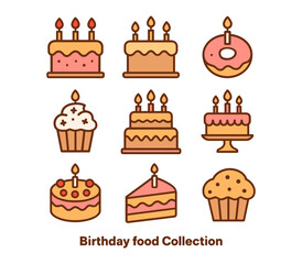 Birthday cake and dessert icon collection on transparent background