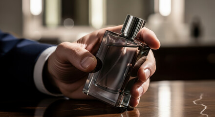 Elegant man's hand holding luxury glass perfume bottle with sophisticated style
