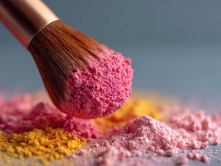 Cosmetic powder pigment adheres to the tip of a makeup applicator brush.