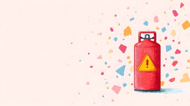 Red pressurized container displaying a prominent hazard warning symbol is set against a light background scattered with colorful abstract shapes.