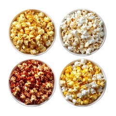 Set five flavors of Popcorn on white bowl, top view with transparent isolated on with white background(1)