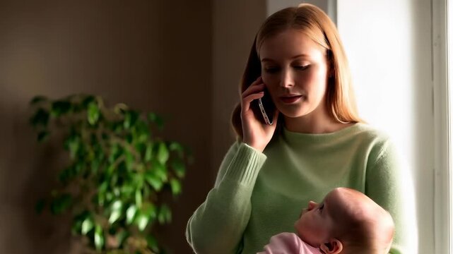 Mother Talking on Phone While Holding Baby
