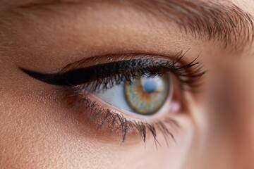 Extreme close up reveals detailed texture of human eye with dramatic liquid eyeliner application