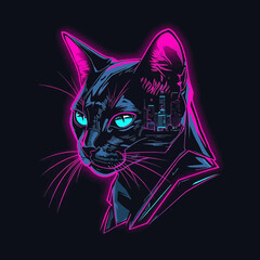 A striking cyberpunk style vector illustration of a cat glowing with neon outlines and futuristic city light reflections.