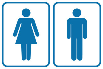Blue silhouette icons of a woman and a man indicate a public restroom facility.