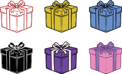 Collection of six colorful gift boxes tied with ribbon and bow on a Editable Vectors
