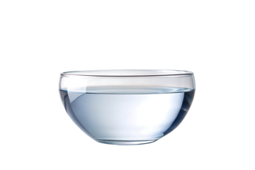 empty clear glass bowl half-filled with water, simple transparent container with curved sides and reflective surface, isolated on a transparent background