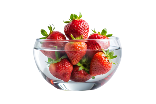 ripe strawberries in glass fishbowl with water, red berries with green caps floating and submerged halfway, isolated on a transparent background