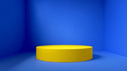 Vivid yellow cylindrical platform sits centered within a deep blue geometric  space