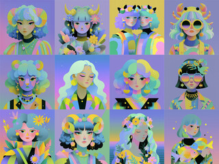 digital illustration of 12 zodiac signs as modern women, each symbolized by Aries, Taurus, Gemini, Cancer, Leo, Virgo, Libra, Scorpio, Sagittarius, Capricorn, Aquarius, Pisces.generative by  AI