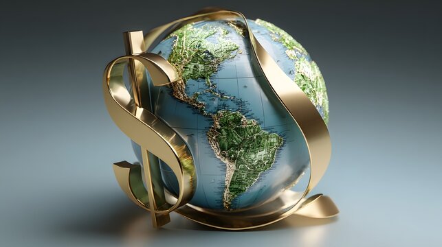 Golden currency symbol wraps around a three dimensional representation of the planet Earth.