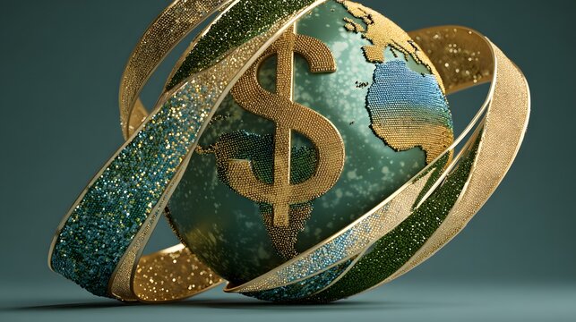 Ornate golden currency symbol prominently displayed on a textured globe encircled by shimmering ribbons