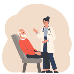 Fototapeta premium Elderly Health Consultation. Senior Patients Visiting Doctor. Older Adults Talking with Physician. Elderly Medical Advice Illustration. Elderly set