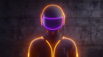 Anonymous figure wearing a glowing futuristic helmet stands before a dark textured wall