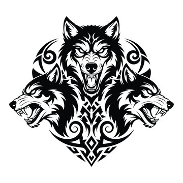 Powerful three-headed wolf tattoo design with tribal elements for fierce branding and edgy graphics or bold apparel prints, perfect for strong imagery
