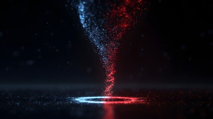 Glowing streams of blue and red particles form an upward swirling vortex above a reflective dark surface