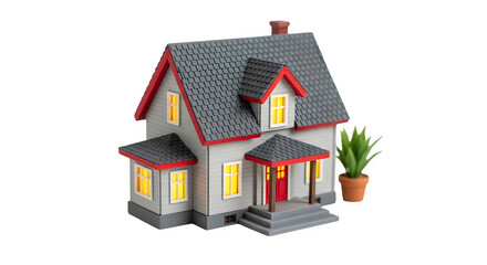 Fototapeta premium A miniature house with a gray roof and red trim sits next to a potted plant, isolated on transparent background, in a studio shot