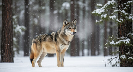 Naklejka premium A wolf stands alert in a snowy forest, looking to the right, with snow falling and trees visible in the background.