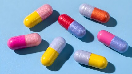 Colorful pharmaceutical capsules are scattered across a bright blue surface in a top-down view