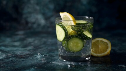 A refreshing glass of sparkling water with cucumber and lemon slices served on a dark surface