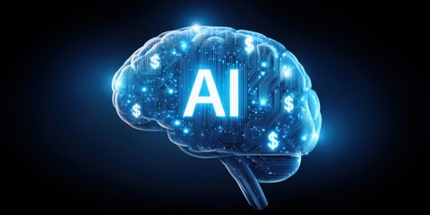 Concept of the bank's automatic deposit system. A digital representation of a brain with circuit patterns, symbolizing artificial intelligence and its potential for economic impact.