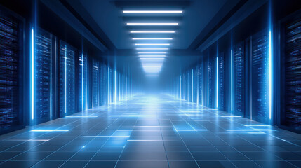 Concept of the bank's automatic deposit system. A futuristic data center hallway illuminated by blue lights, featuring rows of server racks on either side, conveying a high-tech ambiance.