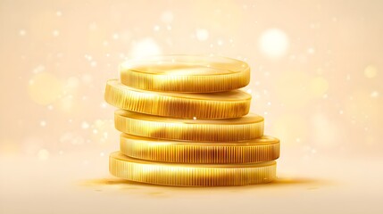 Stack of shiny golden circular monetary units glows against a sparkling background
