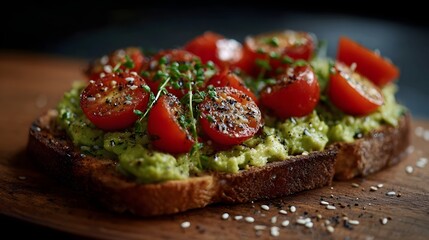 Avocado toast with fresh cherry tomatoes microgreens and seeds on toasted bread
