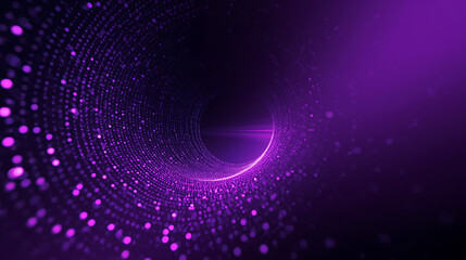 Futuristic purple tunnel made of glowing dots with a bright light at the end abstract background