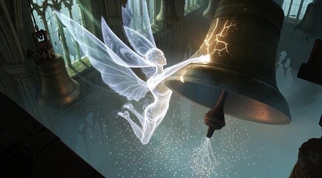 Ethereal Fairy Spirit Floating Among Cracked Church Bells in a Gothic Belfry Fantasy Art Illustration